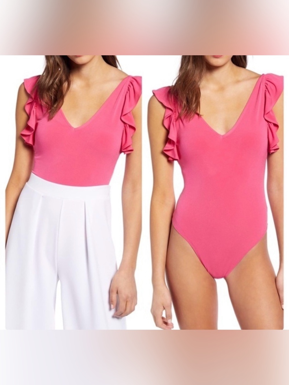 Leith Hot Pink Ruffle-Sleeve V-Neck Bodysuit